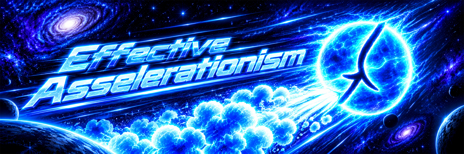 Effective Asselerationism banner: cyan sigil between spiral galaxies